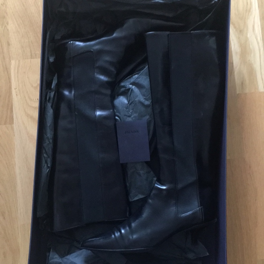 Prada black leather knee high boots